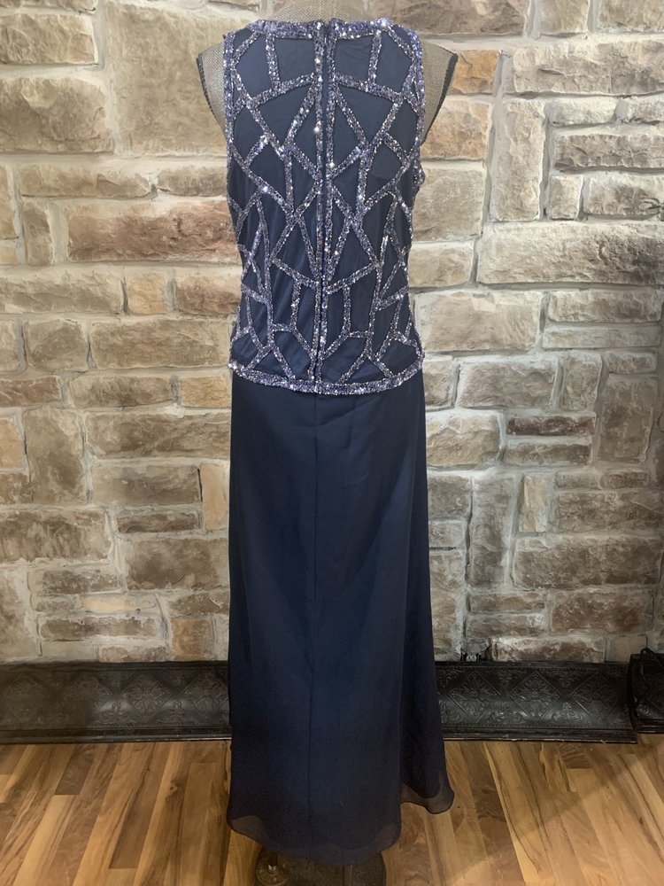 Jkara Navy Sleeveless Chiffon Gown with Sequin Top, Size 10