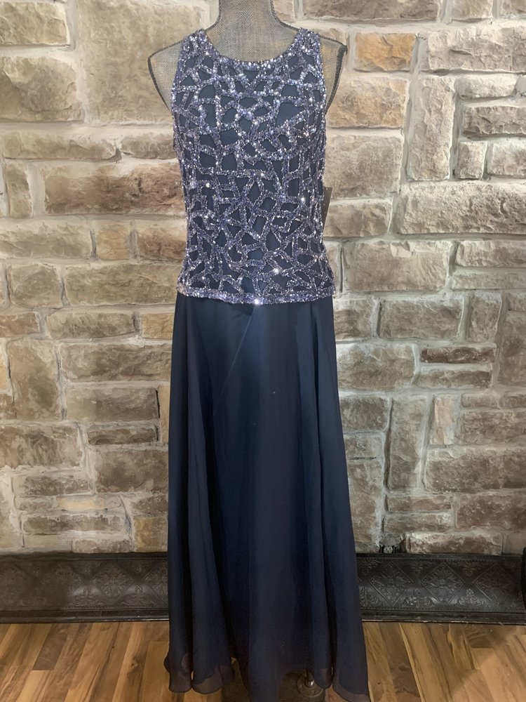 Jkara Navy Sleeveless Chiffon Gown with Sequin Top, Size 10