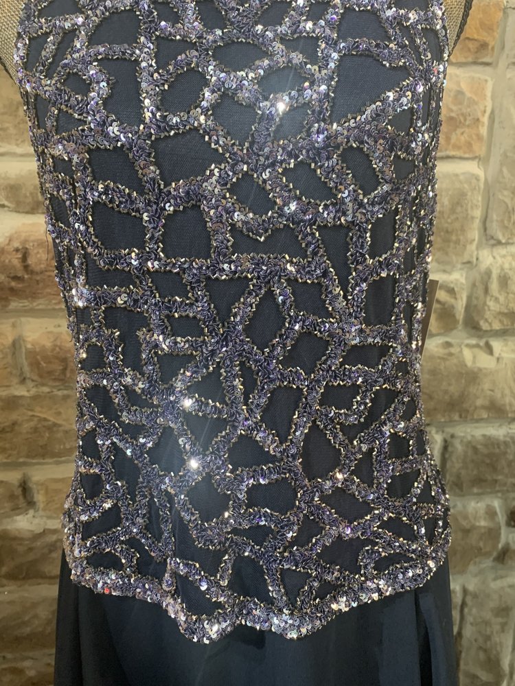 Jkara Navy Sleeveless Chiffon Gown with Sequin Top, Size 10