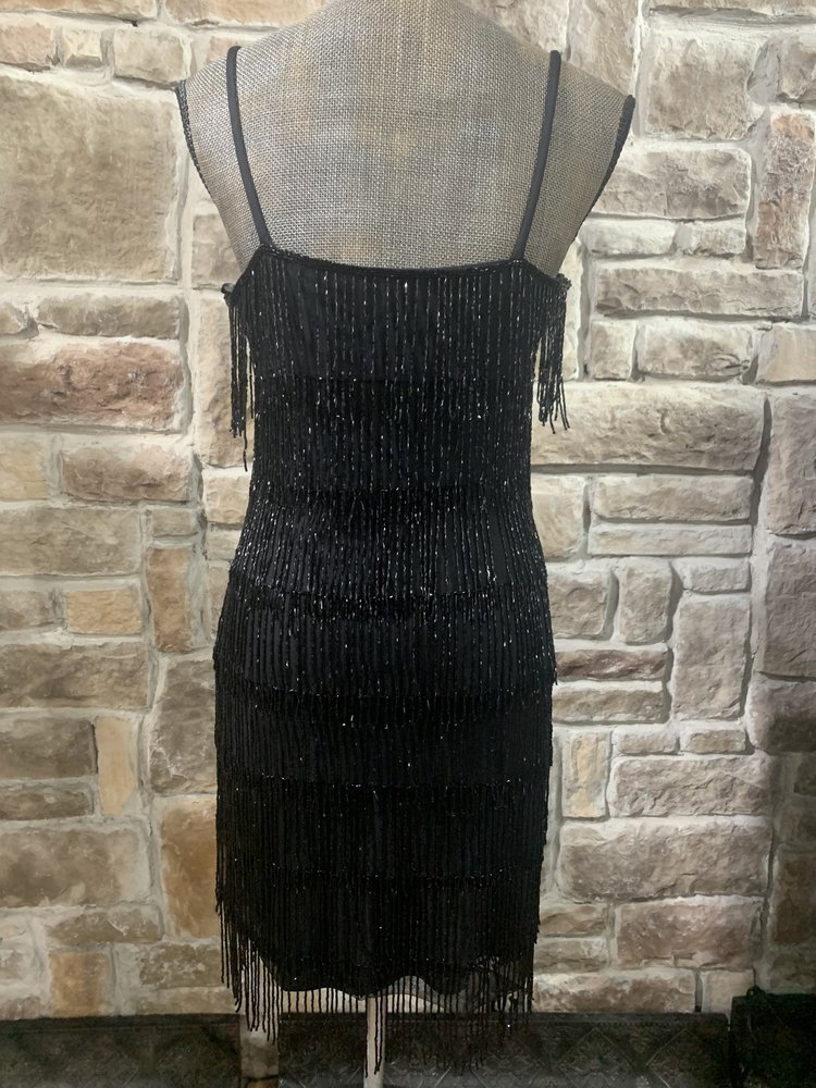 Adrianna Papell Black Beaded Fringe Dress with Spaghetti Straps, Size 8
