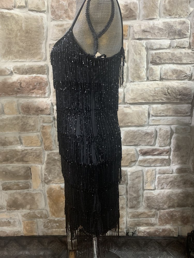 Adrianna Papell Black Beaded Fringe Dress with Spaghetti Straps, Size 8