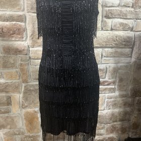 Adrianna Papell Black Beaded Fringe Dress with Spaghetti Straps, Size 8