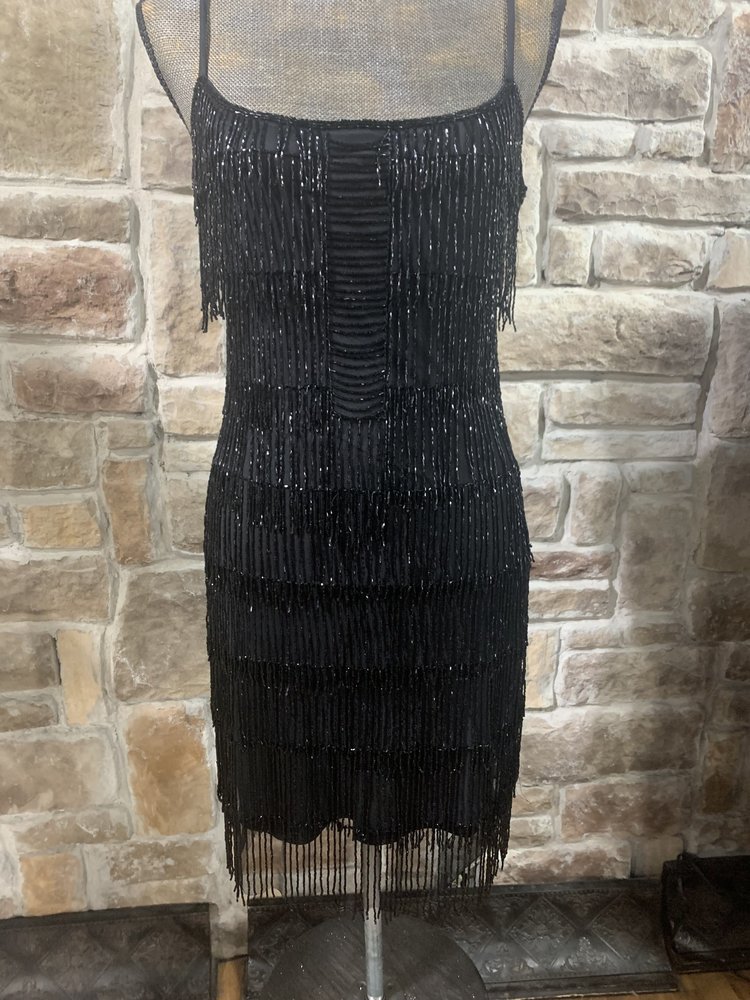 Adrianna Papell Black Beaded Fringe Dress with Spaghetti Straps, Size 8