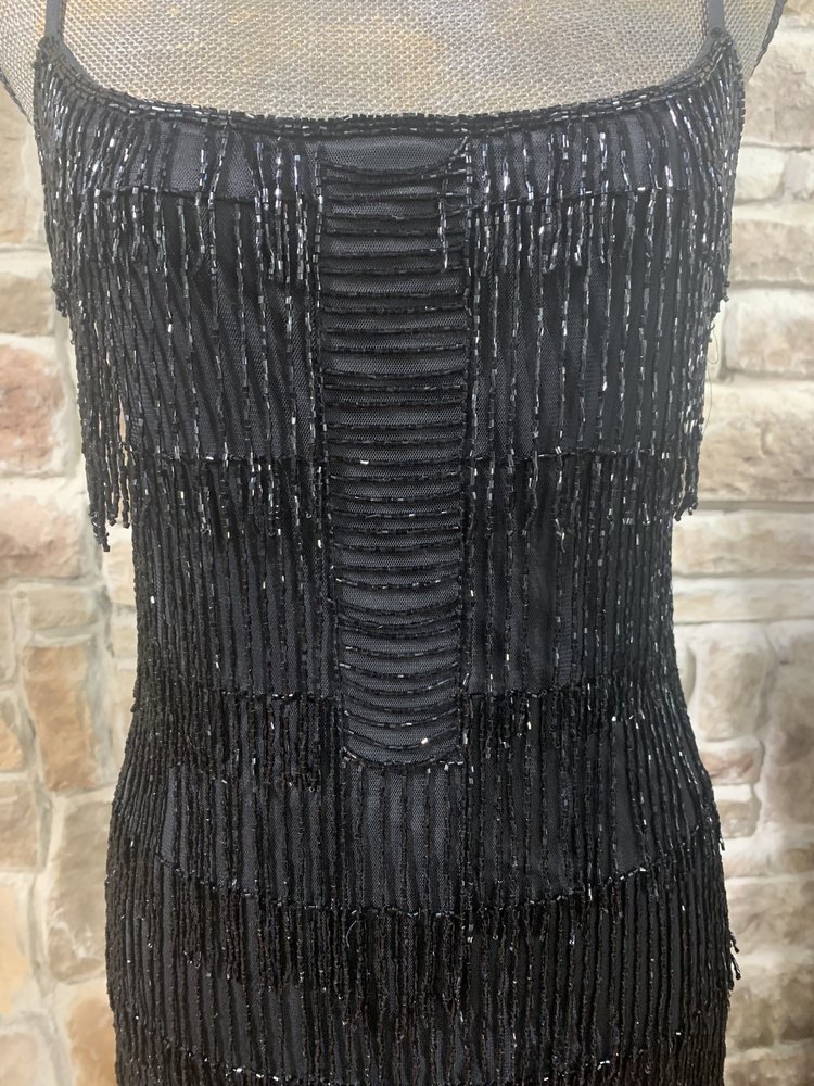 Adrianna Papell Black Beaded Fringe Dress with Spaghetti Straps, Size 8