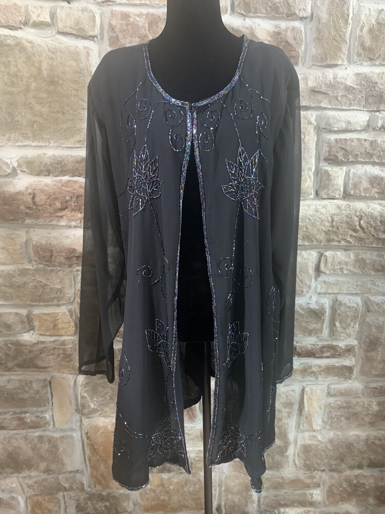 Anthony Mark Harkins Black Beaded Open Jacket, Size 2X
