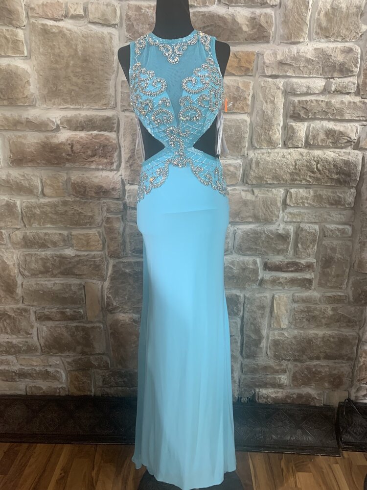 Sherri Hill Aqua Beaded Gown with Cutout Sides, Size 0
