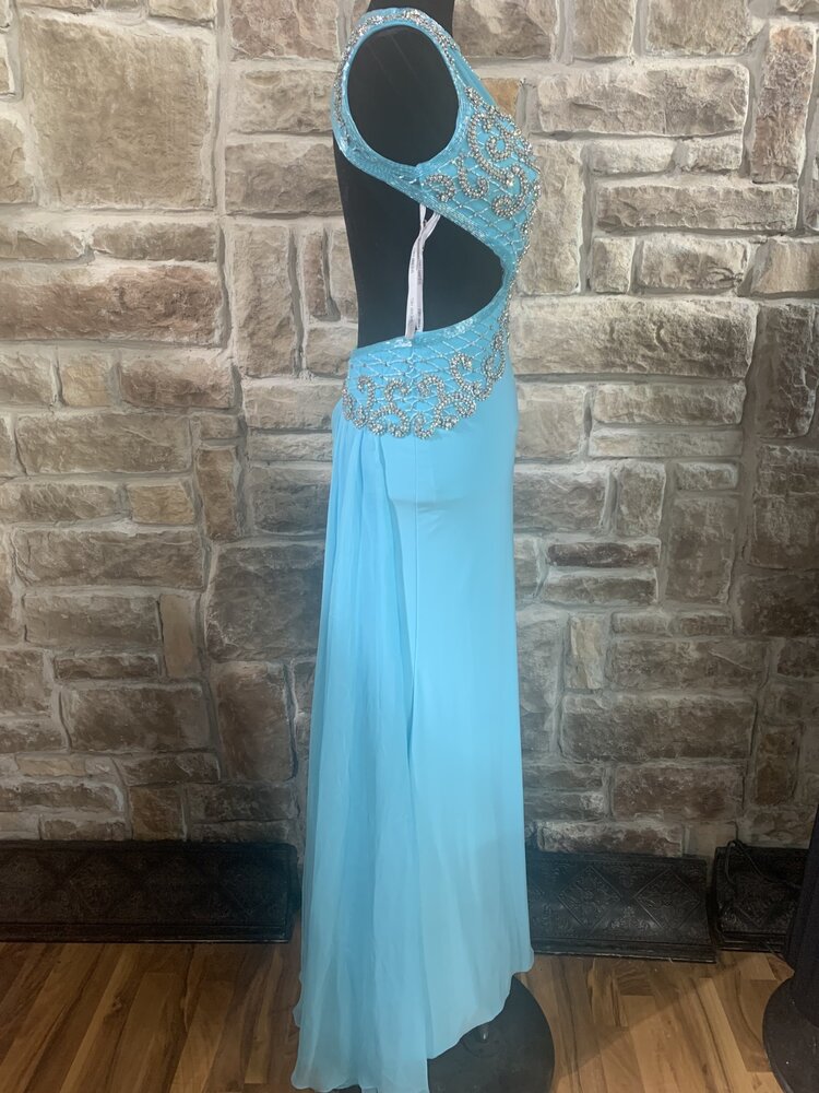 Sherri Hill Aqua Beaded Gown with Cutout Sides, Size 0