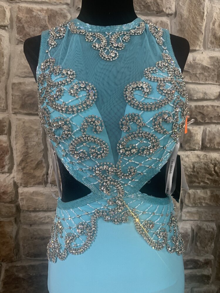 Sherri Hill Aqua Beaded Gown with Cutout Sides, Size 0