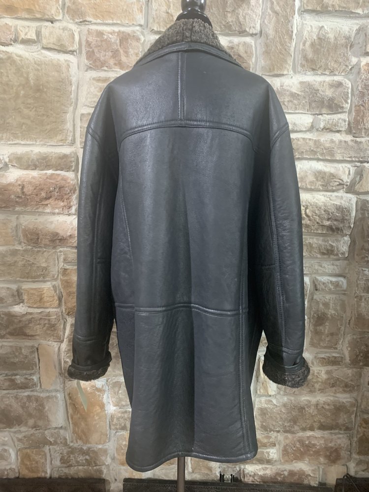 Black Leather Shearling Coat, Size L