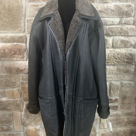 Black Leather Shearling Coat, Size L