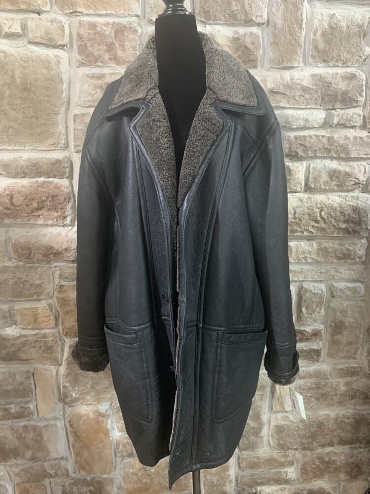 Black Leather Shearling Coat, Size L
