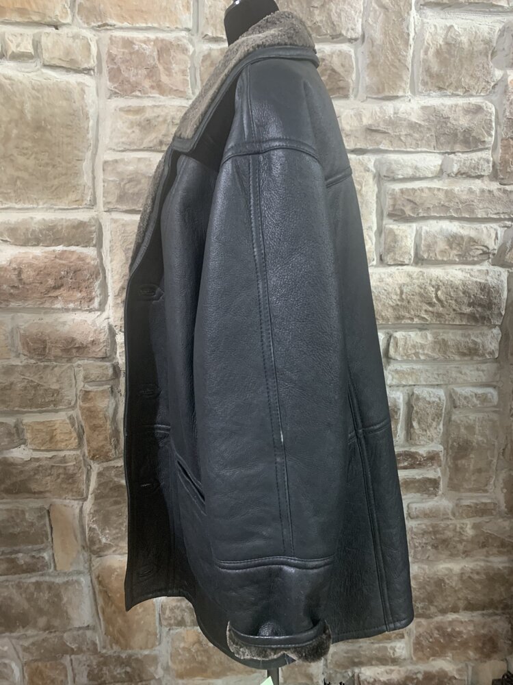 Black Leather Shearling Coat, Size L