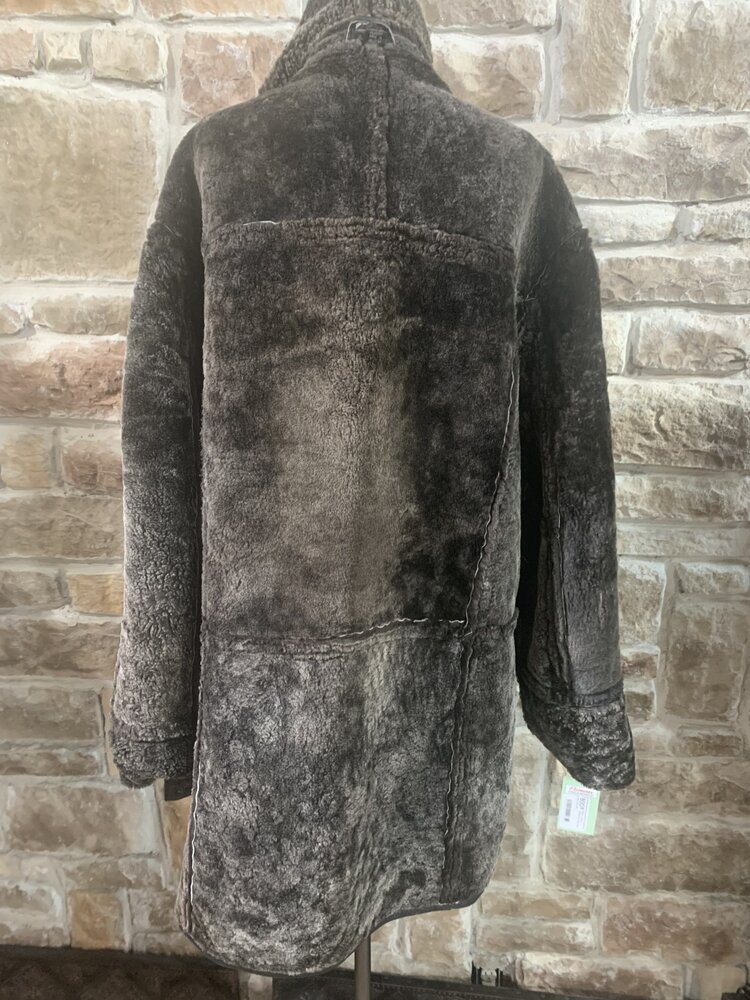 Black Leather Shearling Coat, Size L