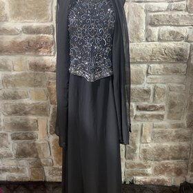 Jkara Black Chiffon Gown with Silver Beaded Top with Scarf, Size 10P