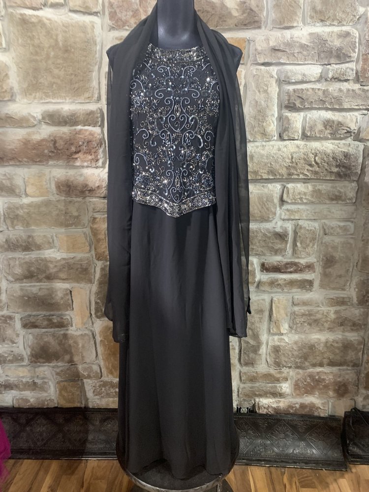 Jkara Black Chiffon Gown with Silver Beaded Top with Scarf, Size 10P