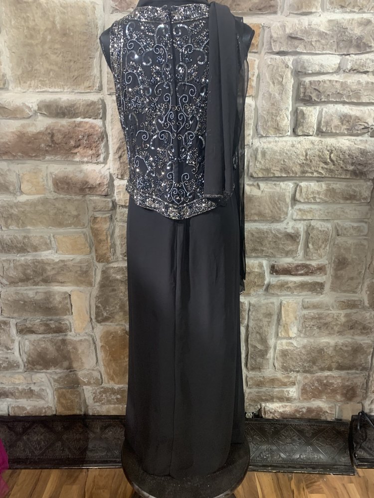 Jkara Black Chiffon Gown with Silver Beaded Top with Scarf, Size 10P