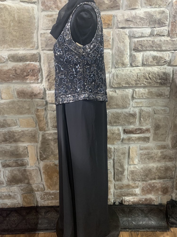 Jkara Black Chiffon Gown with Silver Beaded Top with Scarf, Size 10P