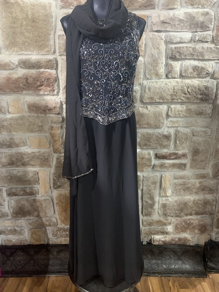 Jkara Black Chiffon Gown with Silver Beaded Top with Scarf, Size 10P