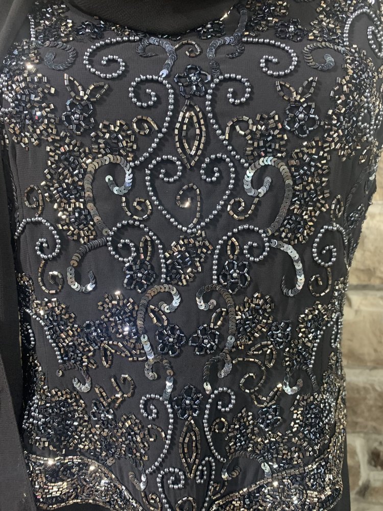 Jkara Black Chiffon Gown with Silver Beaded Top with Scarf, Size 10P