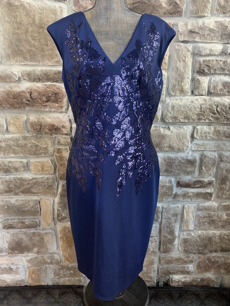 Tadashi Shoji Navy Sleeveless V Neck with Embellished Bodice, Size XL