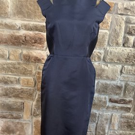 Proenza Schouler Navy Sheath Dress with Cutout Shoulders and Black Side Panels, Size 8
