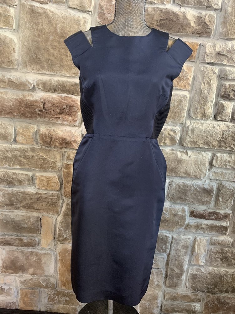 Proenza Schouler Navy Sheath Dress with Cutout Shoulders and Black Side Panels, Size 8