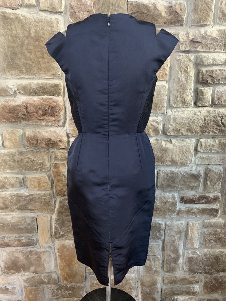 Proenza Schouler Navy Sheath Dress with Cutout Shoulders and Black Side Panels, Size 8
