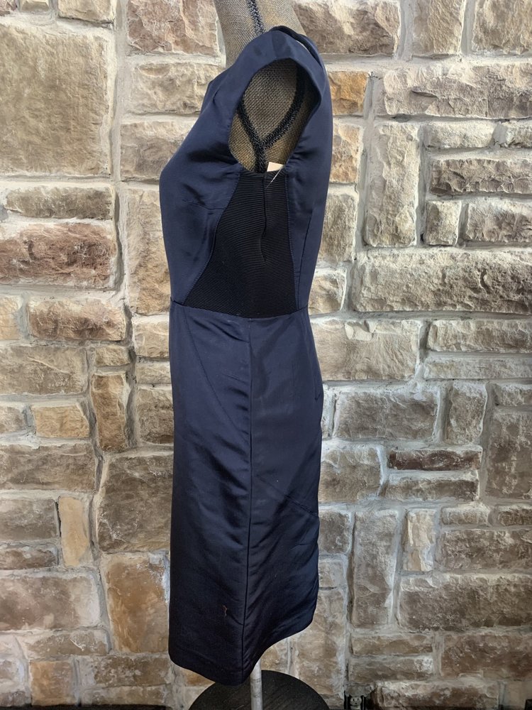 Proenza Schouler Navy Sheath Dress with Cutout Shoulders and Black Side Panels, Size 8