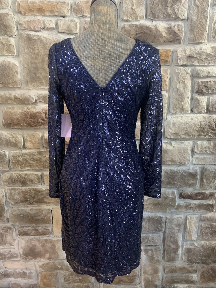 Marina Navy Long Sleeve Sequin Allover Dress, Size 4