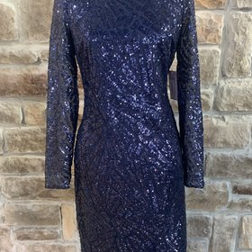 Marina Navy Long Sleeve Sequin Allover Dress, Size 4