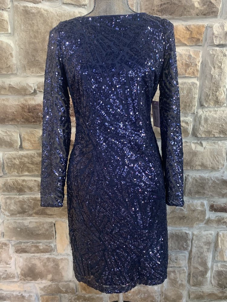 Marina Navy Long Sleeve Sequin Allover Dress, Size 4