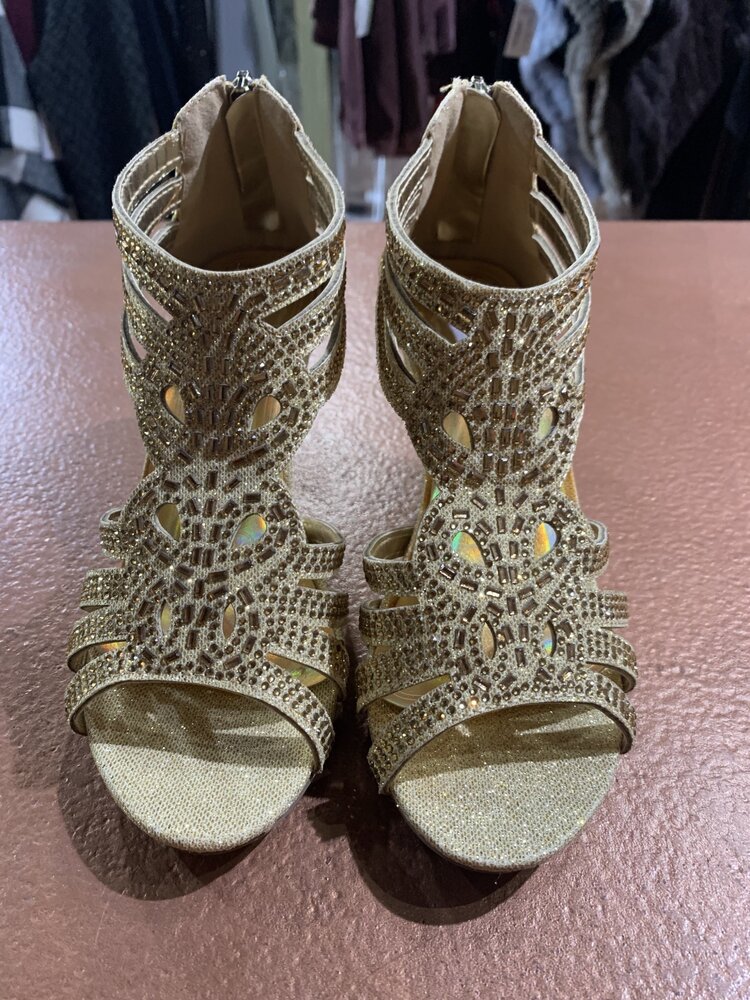 Mila Lady Gold Glitter Zip Back Heels, Size 5