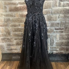 Jovani Black Lace Sheer Top Gown with Flower Embellishments, Size 8