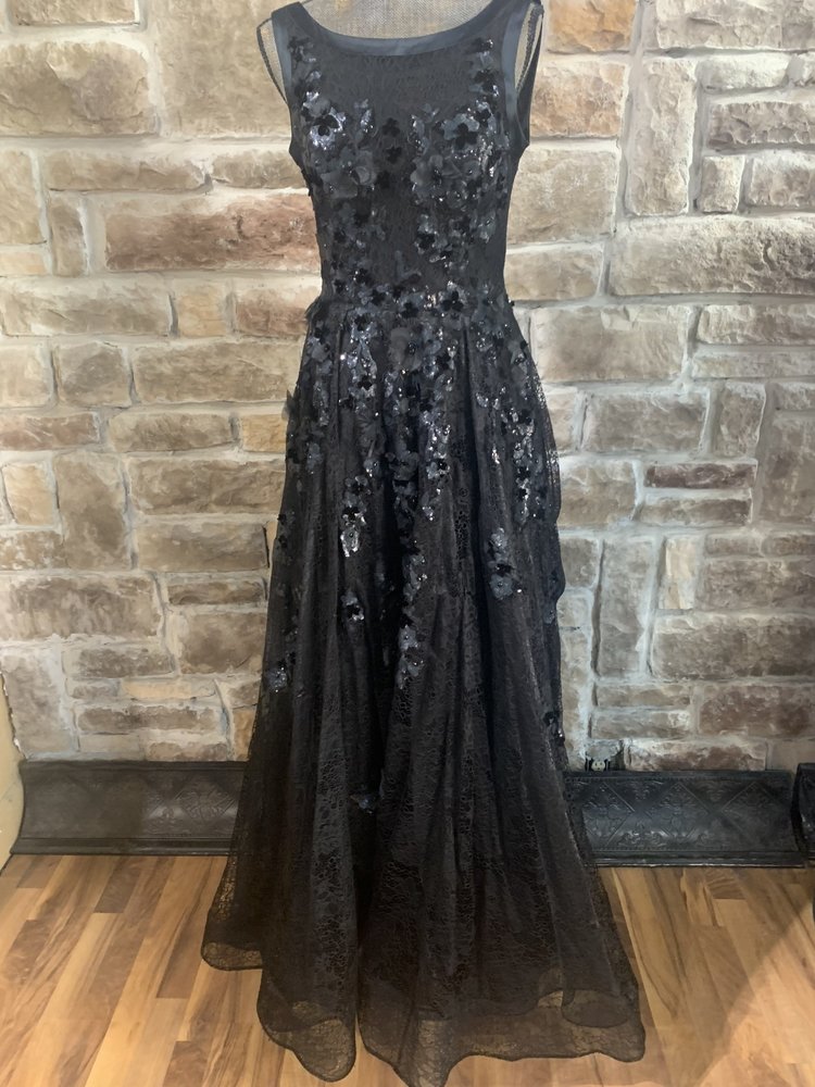 Jovani Black Lace Sheer Top Gown with Flower Embellishments, Size 8