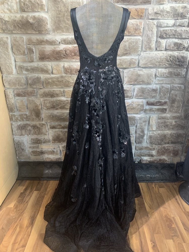 Jovani Black Lace Sheer Top Gown with Flower Embellishments, Size 8