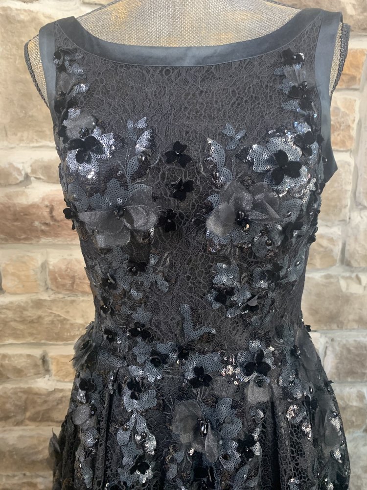 Jovani Black Lace Sheer Top Gown with Flower Embellishments, Size 8