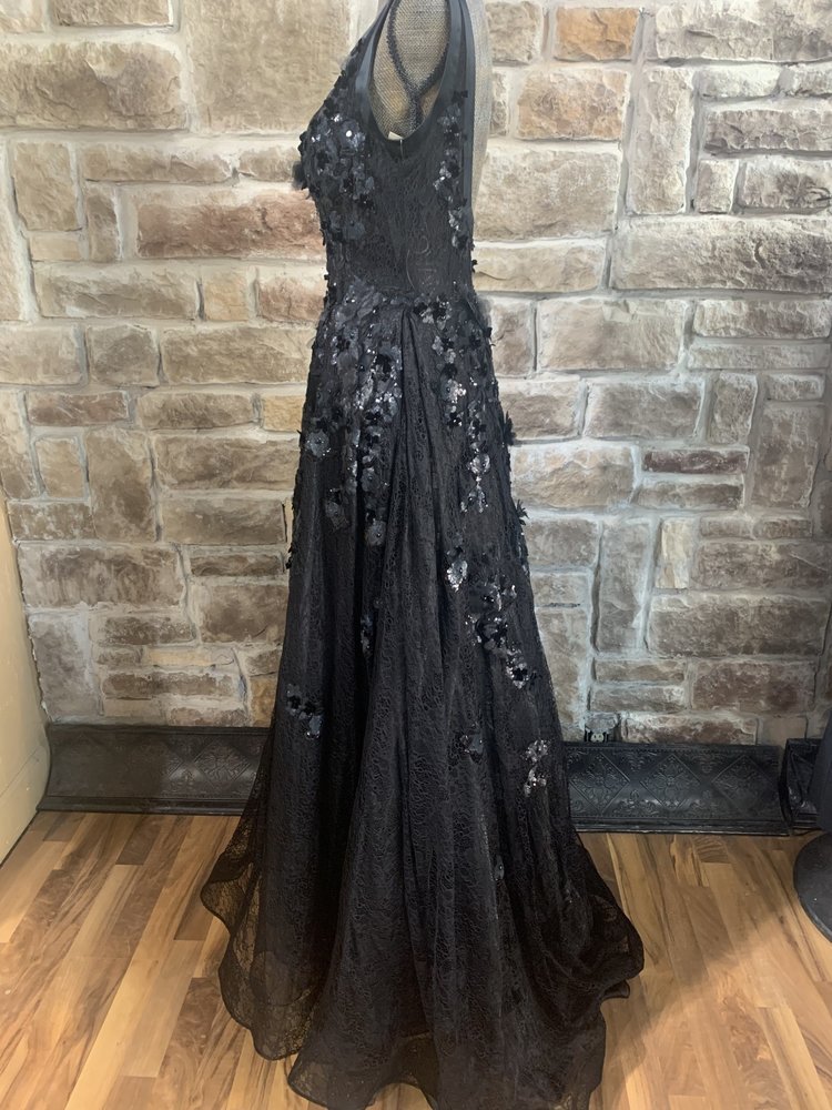 Jovani Black Lace Sheer Top Gown with Flower Embellishments, Size 8