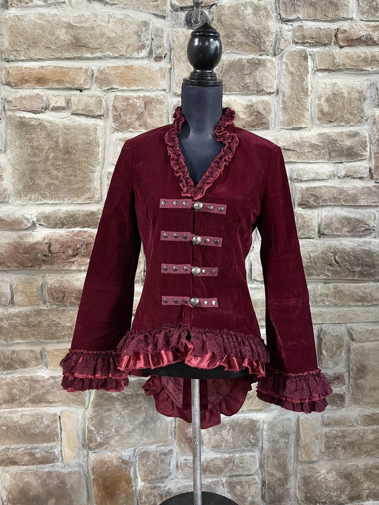 Orchid Blooms Red Velvet Ruffle Lace Up Jacket