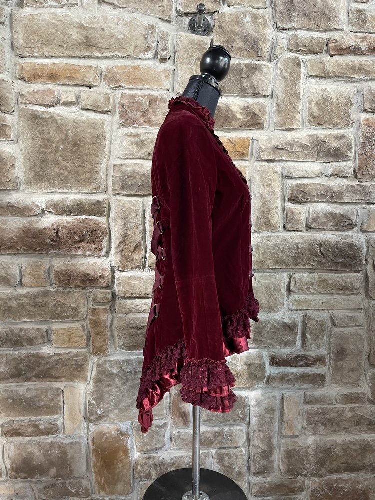 Orchid Blooms Red Velvet Ruffle Lace Up Jacket