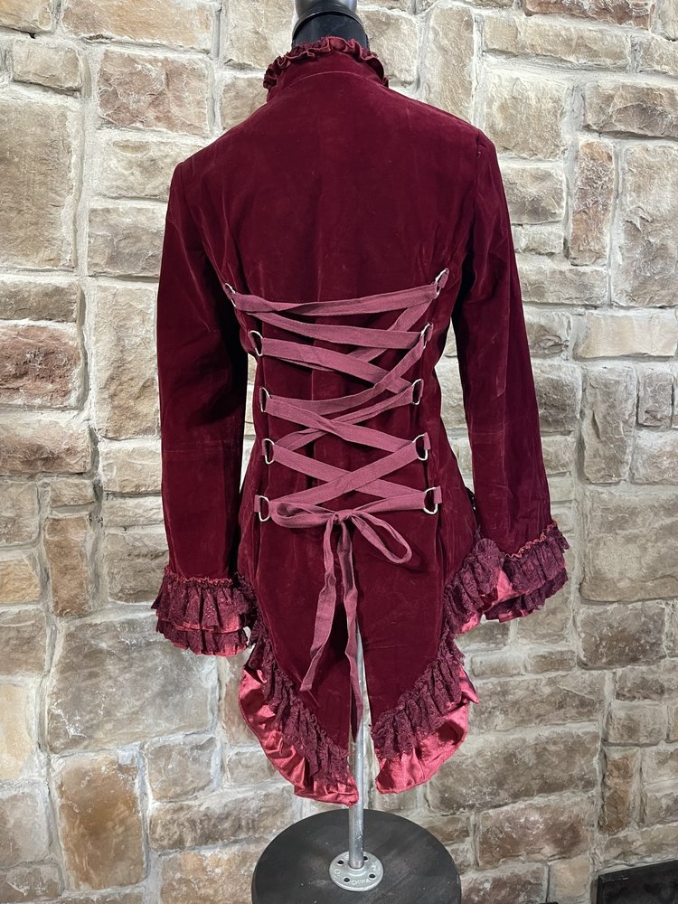 Orchid Blooms Red Velvet Ruffle Lace Up Jacket