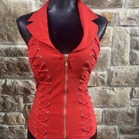 Lydia USA Red Lace-Up Halter Top w/Collar, Cross Back