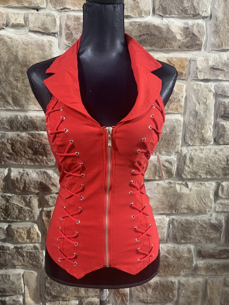 Lydia USA Red Lace-Up Halter Top w/Collar, Cross Back