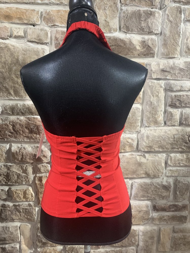 Lydia USA Red Lace-Up Halter Top w/Collar, Cross Back
