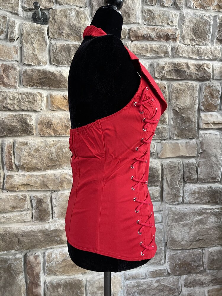 Lydia USA Red Lace-Up Halter Top w/Collar, Cross Back