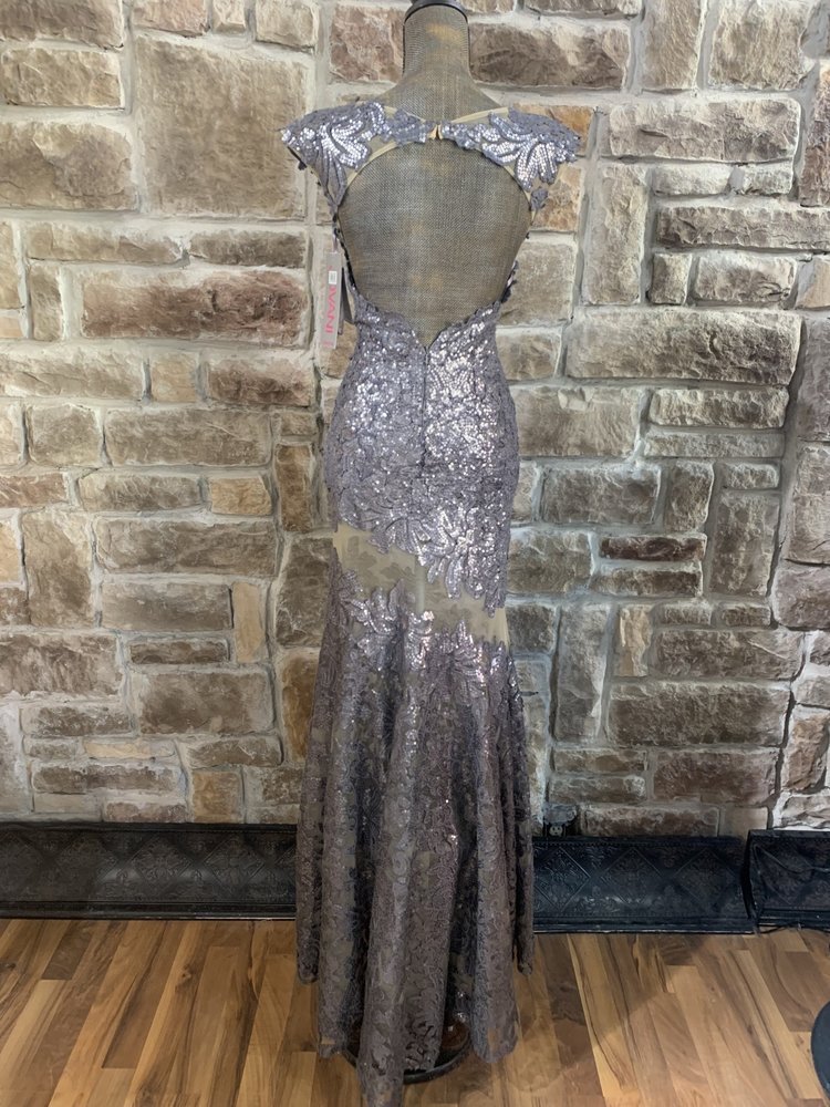 Silver Gunmetal Sequin  Sheath with Sheer Panels, Size 2