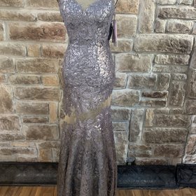 Silver Gunmetal Sequin  Sheath with Sheer Panels, Size 2