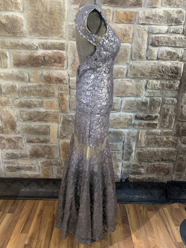 Silver Gunmetal Sequin  Sheath with Sheer Panels, Size 2