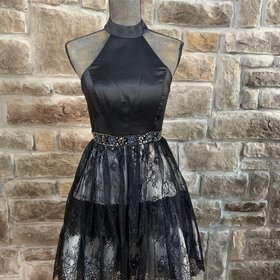 Black Satin Halter Dress with Lace Skirt