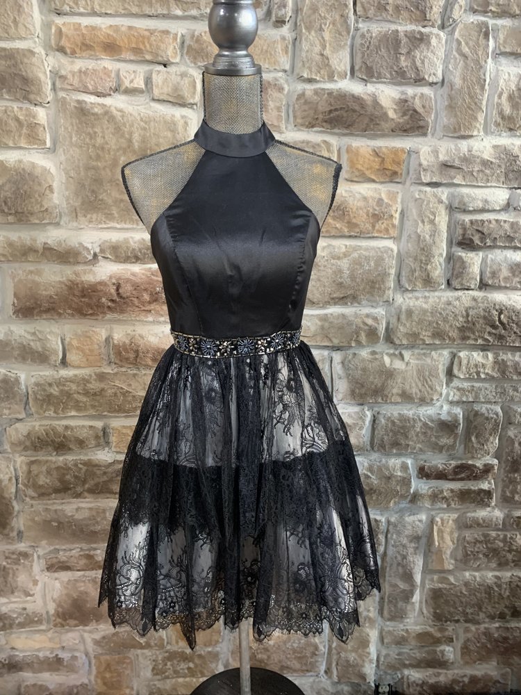 Black Satin Halter Dress with Lace Skirt