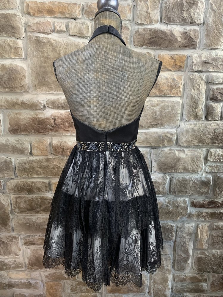Black Satin Halter Dress with Lace Skirt